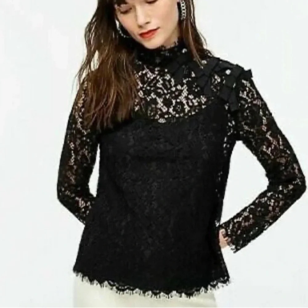J. Crew Wm's Black Lace Blouse Mock Neck Vintage Style Victorian Sz 00 NWT#0592